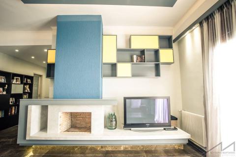 interior design, living room, lightning, fireplace, blue