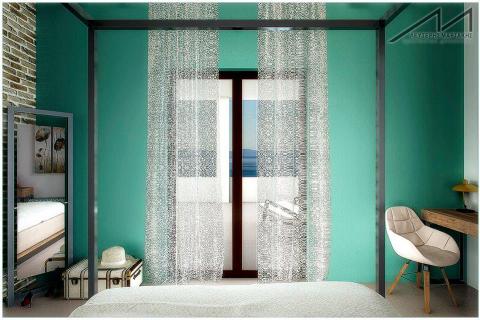 hotel room, 3d, visualisation, interior design, sea, blue, curtains