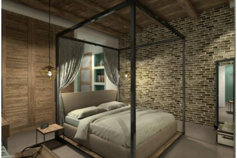 hotel room, 3d, visualisation, interior design, sea, blue, bed, night vision